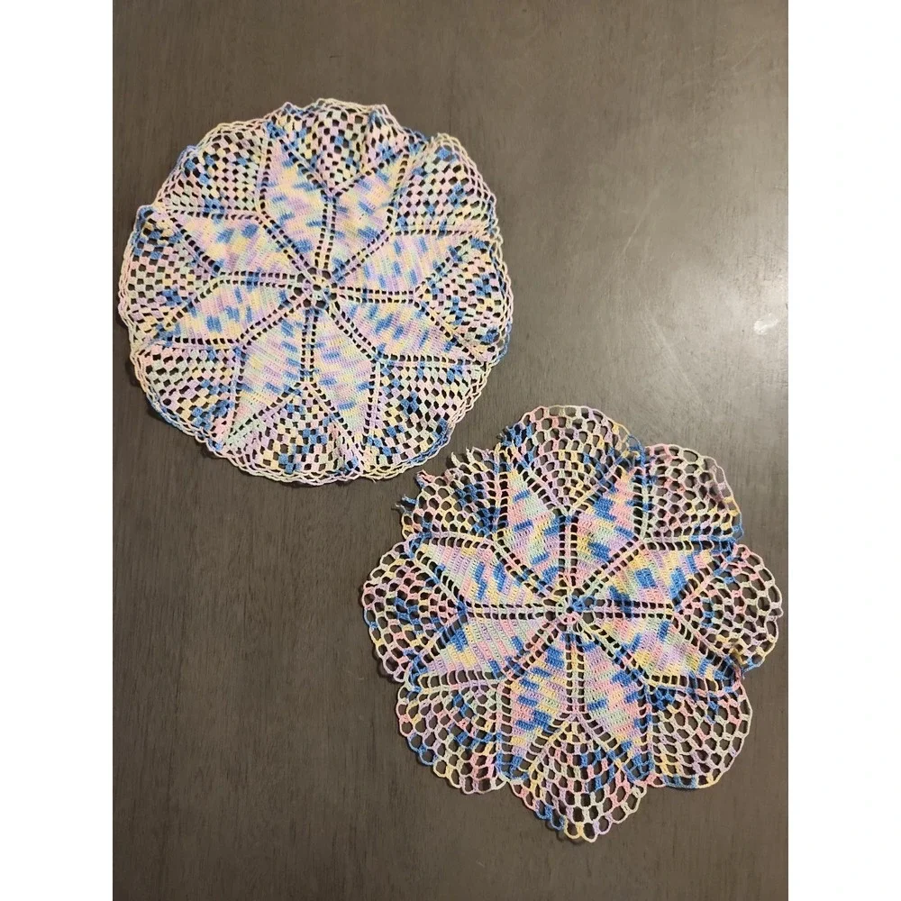 Vintage Pastel Variegated Crochet Doilies Set 2 Colorful Maximalist Decor Flaw*